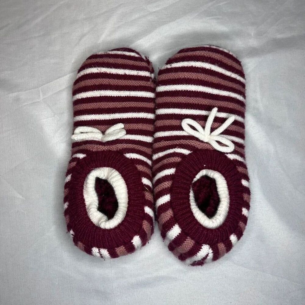 Cozy Burgundy & White Striped Knit Slipper Socks with Bow Details